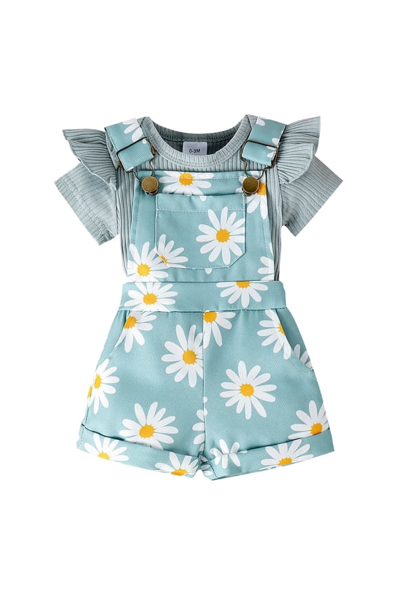Newborn Baby Girl Summer Clothes 3 6 12 18 24 Months 2T 3T 4T 5T Ribbed Ruffle Short Sleeve Romper Cute Flower Print Suspender Overall Shorts 2Pc Outfits (6-12 Months,Green)