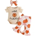 thumbnail image 1 of Newborn Baby Girl Summer Clothes Basketball Outfit Cute Basketball Bow Ruffle Short Sleeve Romper Flare Pants Set 3Pcs,Beige, 1 of 6
