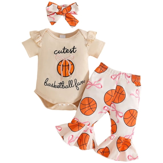 Newborn Baby Girl Summer Clothes Basketball Outfit Cute Basketball Bow Ruffle Short Sleeve Romper Flare Pants Set 3Pcs,Beige