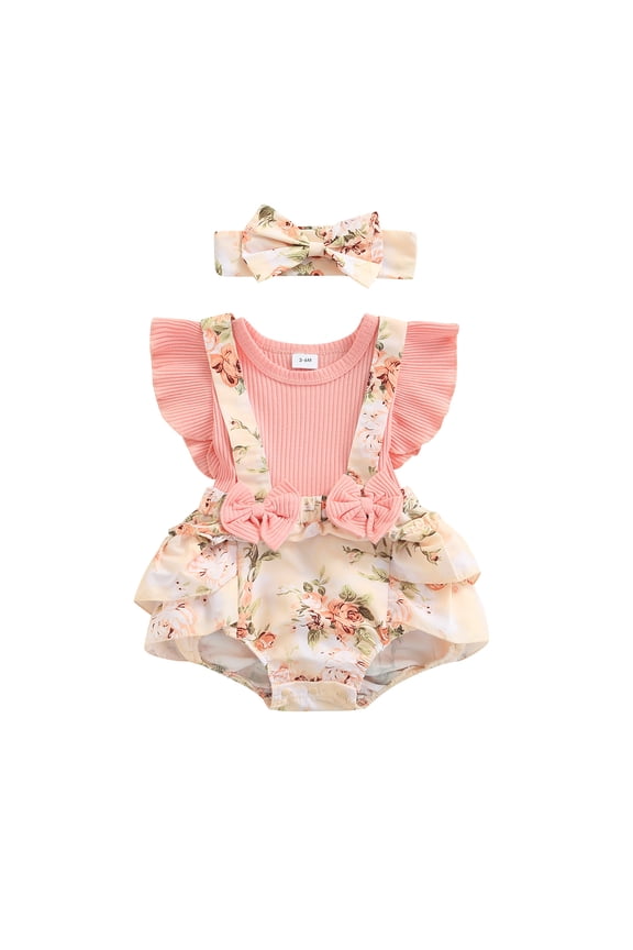 Newborn Baby Girl Summer Clothes Floral Romper Dress Onesie Ruffle Sleeve Suspender Romper Outfits with Headband