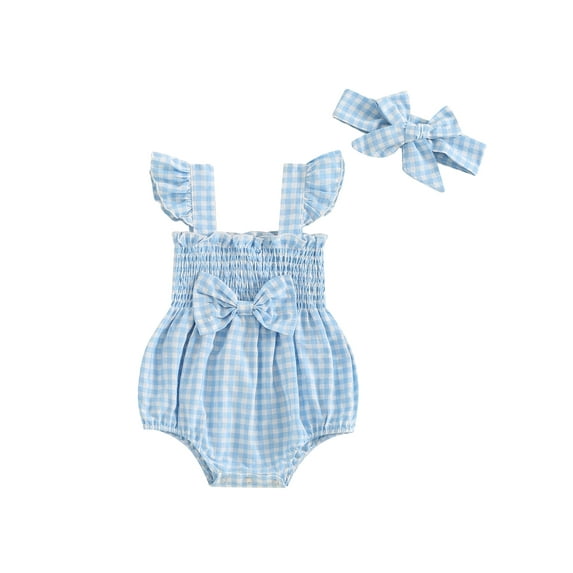 Newborn Baby Girl Summer Clothes Fly Sleeve Plaid Print Ruffle Jumpsuit with Headband 2Pcs Cute Outfit Set