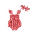 thumbnail image 1 of Newborn Baby Girl Summer Clothes Fly Sleeve Plaid Print Ruffle Jumpsuit with Headband 2Pcs Cute Outfit Set, 1 of 10