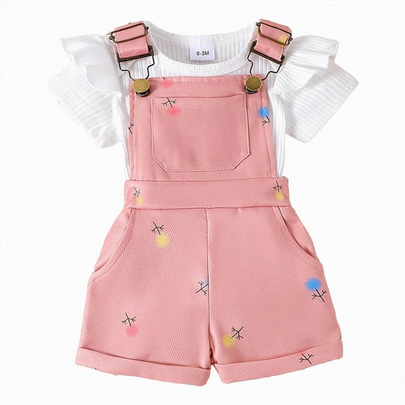 Newborn Baby Girl Summer Clothes Ribbed Ruffle Short Sleeve Romper Suspender Overall Shorts 2Pc Outfits White 0-3 Months