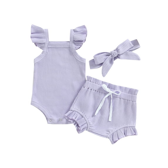 Newborn Baby Girl Summer Clothes Shorts Set Sleeveless Knit Romper Bodysuit Ruffled Shorts Headband 3Pcs Boho Outfit