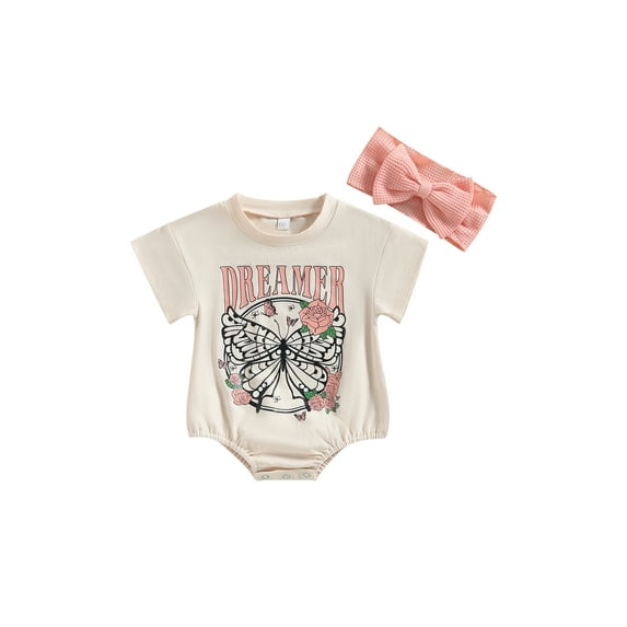 Newborn Baby Girl Summer Outfit Butterfly Short Sleeve Bubble Romper Bodysuit with Bow Headbands Infant Cute Clothes