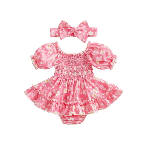 Newborn Baby Girl Summer Outfit Puff Sleeve Flower/Bow/Cherry Print Ruched Romper Dress with Headband Cute Clothes 0-18M