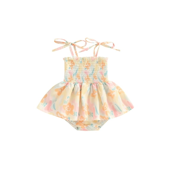 Newborn Baby Girl Summer Outfit Sleeveless Halter Floral Romper Dress Ruffle Smocked Skirts Bodysuits Infant Cute Clothes