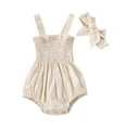 thumbnail image 1 of Newborn Baby Girl Summer Outfit Sleeveless Plaid Bubble Romper Smocked Ruffle Strap One Piece Bodysuit with Headband Set, 1 of 7