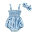 thumbnail image 1 of Newborn Baby Girl Summer Outfit Sleeveless Plaid Bubble Romper Smocked Ruffle Strap One Piece Bodysuit with Headband Set, 1 of 8