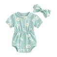 thumbnail image 1 of Newborn Baby Girl Summer Outfits Ribbed Knit Floral Short Sleeve Romper Bodysuit with Bow Headband Set 3 6 9 12 18 Months Cute Clothes, 1 of 7