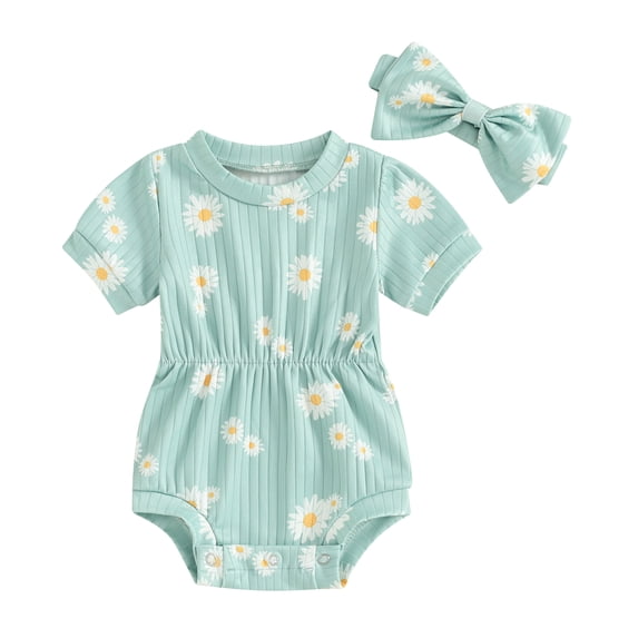 Newborn Baby Girl Summer Outfits Ribbed Knit Floral Short Sleeve Romper Bodysuit with Bow Headband Set 3 6 9 12 18 Months Cute Clothes