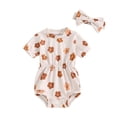thumbnail image 1 of Newborn Baby Girl Summer Outfits Ribbed Knit Floral Short Sleeve Romper Bodysuit with Bow Headband Set 3 6 9 12 18 Months Cute Clothes, 1 of 7