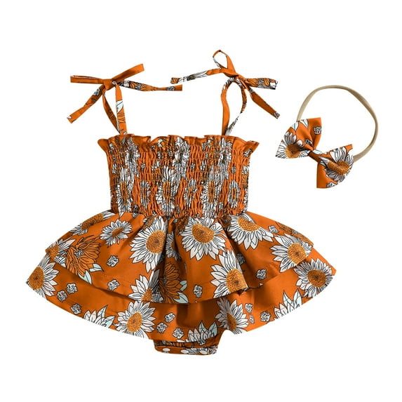 Newborn Baby Girl Summer Romper Dress Straps Sleeveless Dress Romper Bodysuit Tutu Headband 2Pcs Set