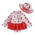 thumbnail image 1 of Baby Girl Swimsuit Toddler Bathing Suit Rash Guard One Piece Ruffle Long Sleeve with Sun Hat Strawberry Print for Red 18 Months-24 Months, 1 of 4