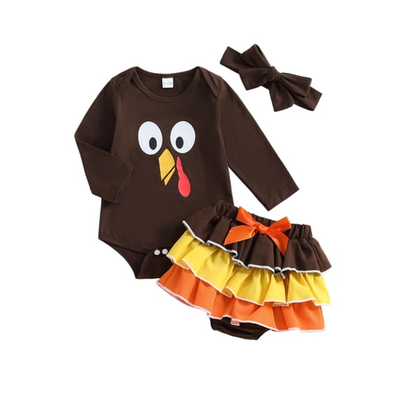 Newborn Baby Girl Thanksgiving Outfit Turkey Long Sleeve Bubble Romper Layered Tutu Skirt and Headband 3Pcs Infant Fall Clothes Set