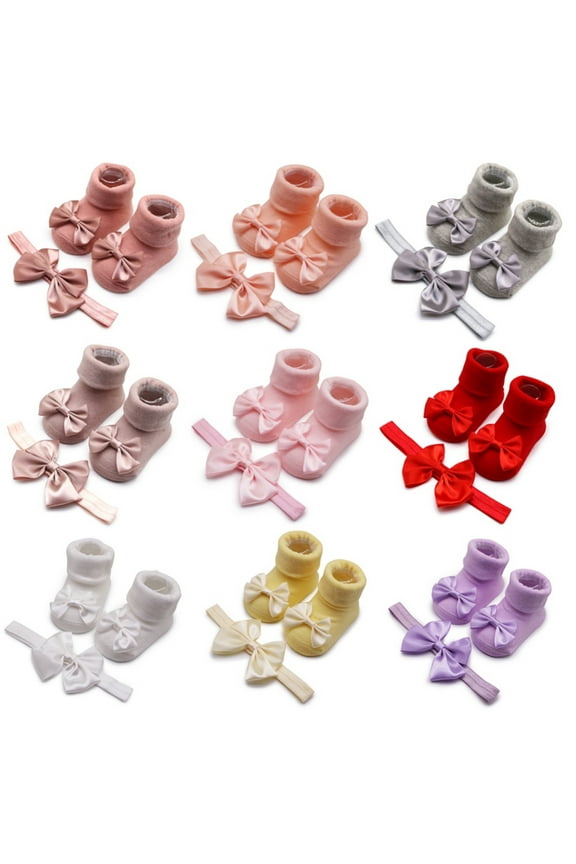 Newborn Baby Girl Toddler Lace Bow Ankle Anti Slip Socks+Hairband,kids Socks Girls 3-12 Months