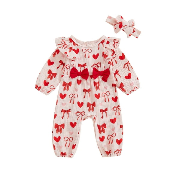 Newborn Baby Girl Valentines Day Outfit Bow Heart Ruffle Cotton Linen Jumpsuit  Long Sleeve Romper Playsuit with Headband
