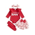 thumbnail image 1 of Newborn Baby Girl Valentines Day Outfit Long Sleeve Ruffle Romper+Heart Layered Shorts+ Bow Headband+ Socks 4Pcs Spring Clothes, 1 of 8