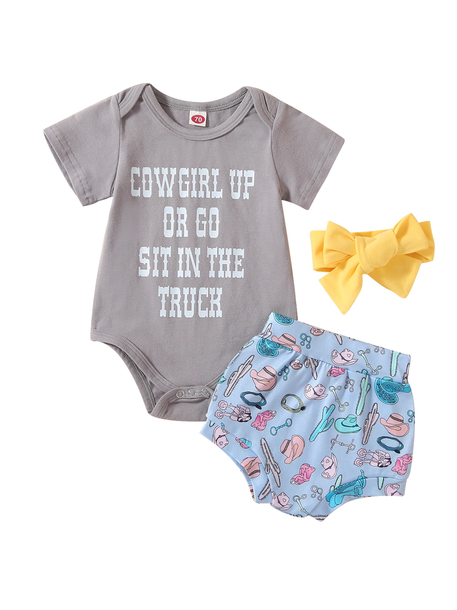 Newborn Baby Girl Western Outift Letter Print Short Sleeve Romper Top