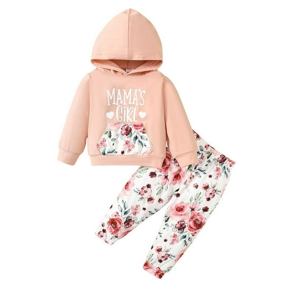 Newborn Baby Girl White Letter Printed Long Sleeved Hoodie Top and Floral Printed Pants Set 2PCs Fall Winter Infant Outfits