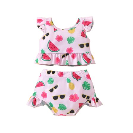 Newborn Baby Girls Bikinis Short Two Piece Flying Sleeve Printed Fruit Top Flounces Short Swimming Summer Swimsuit Set Size 9-12 Months