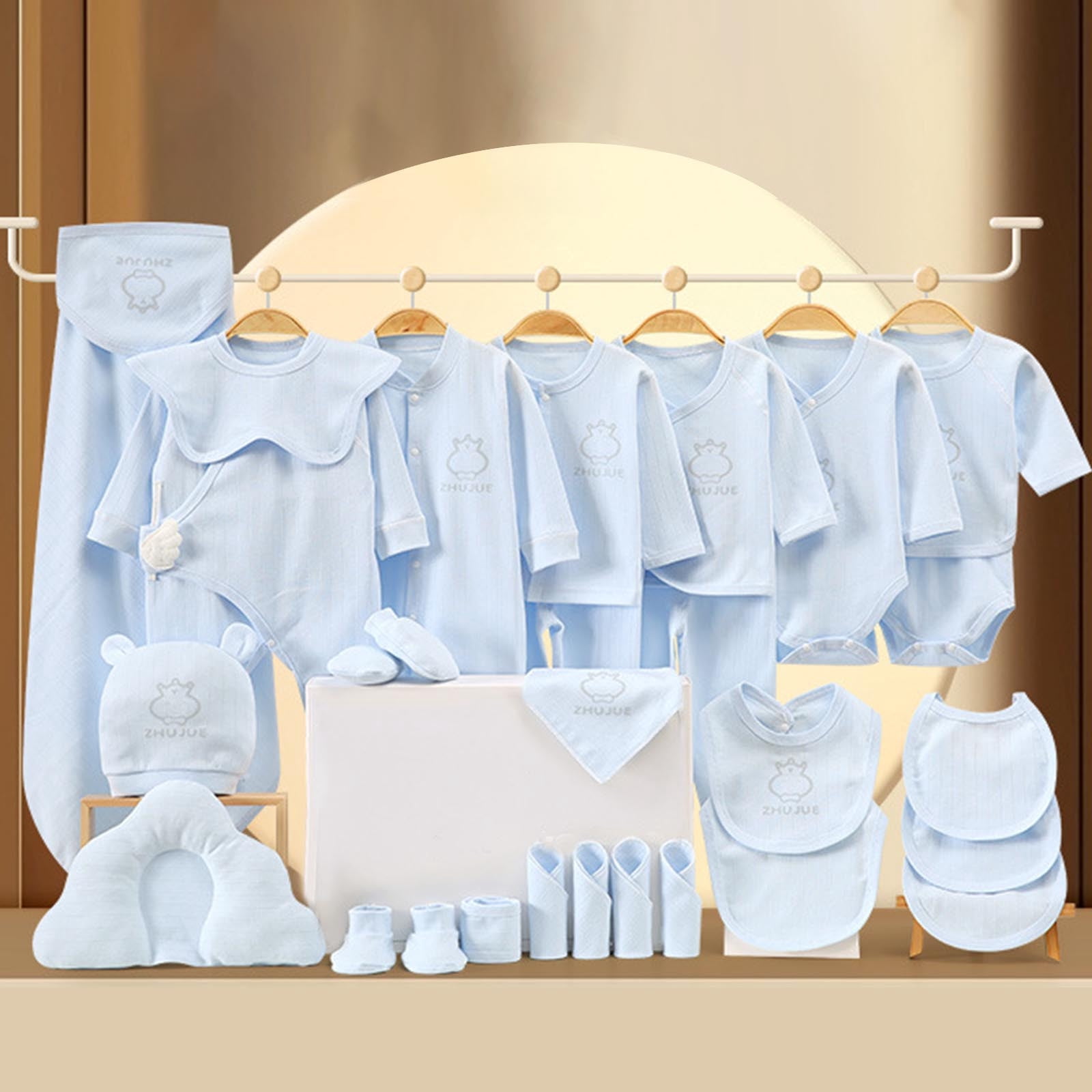 Newborn Baby Girls Boys Clothes Essentials Set (28 Pcs) Soft Cotton Infant Layette Bundle Outfits Blue 0-3 Month