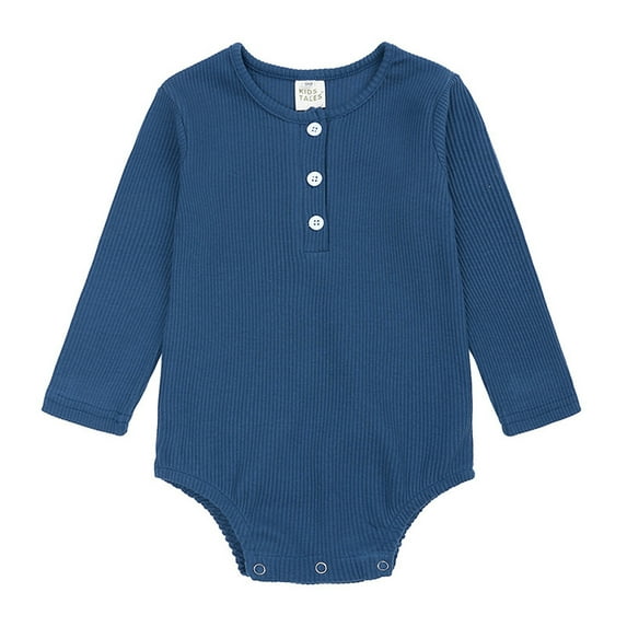 Newborn Baby Girls Boys Clothes Long Sleeve Quarter Buttons One Piece Jumpsuit Solid Color Infant Baby Clothes Blue,73
