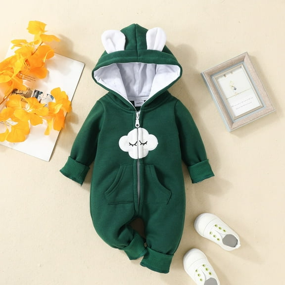 Newborn Baby Girls Boys Cotton Romper Long Sleeved Hooded Warm Jumpsuit With Long Sleeves and Crawling Clothes Green 9-12 Months