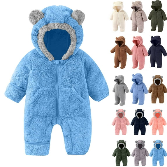 Newborn Baby Girls Boys Cute Bear Fleece Footie Bunting Snowsuit Toddler Infant Hooded Plush Footed Jumpsuit Romper Winter Fall Warm Coat Outfits