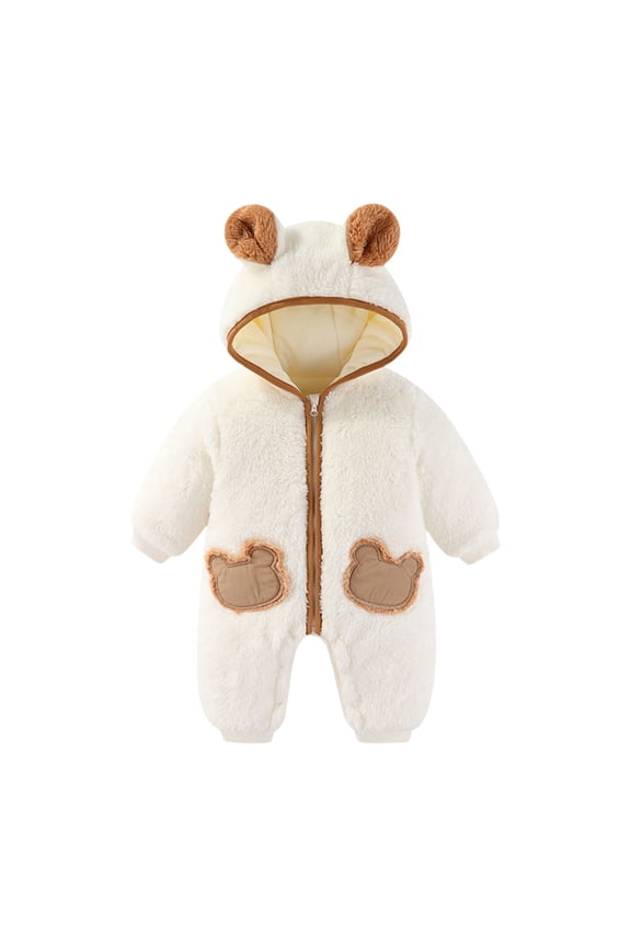 Newborn Baby Girls Boys Cute Bear Fleece Footie Bunting Snowsuit Toddler Infant Hooded Plush Footed Jumpsuit Romper Winter Fall Warm Coat Outfits