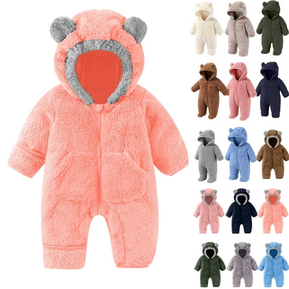 Newborn Baby Girls Boys Cute Bear Fleece Footie Bunting Snowsuit Toddler Infant Hooded Plush Footed Jumpsuit Romper Winter Fall Warm Coat Outfits