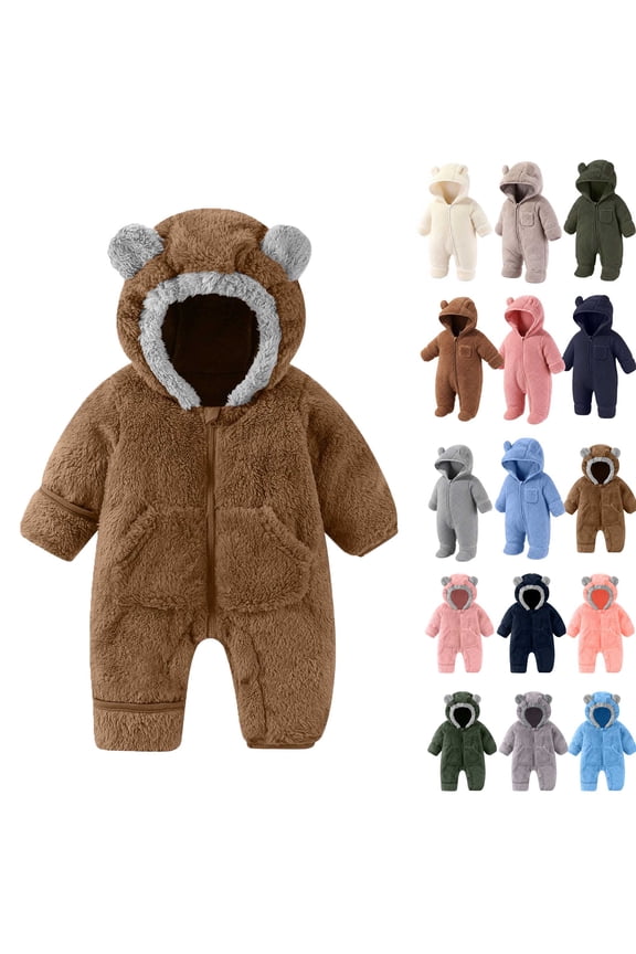 Newborn Baby Girls Boys Cute Bear Fleece Footie Bunting Snowsuit Toddler Infant Hooded Plush Footed Jumpsuit Romper Winter Fall Warm Coat Outfits
