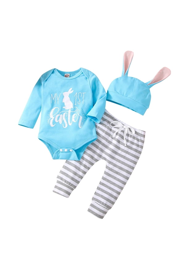 Baby Girls Boys Easter Outfits My 1st Easter Romper Bodysuit Stripe Bunny Pants Hat 3PCS Clothes Set 3 M-6 M