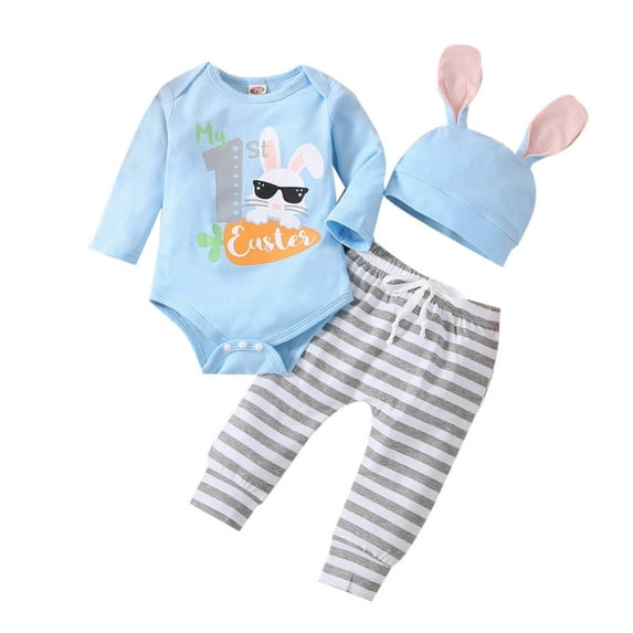 Newborn Baby Girls Boys Easter Outfits My 1st Easter Romper Bodysuit Stripe Bunny Pants Hat 3PCS Clothes Set Blue 9 M-12 M