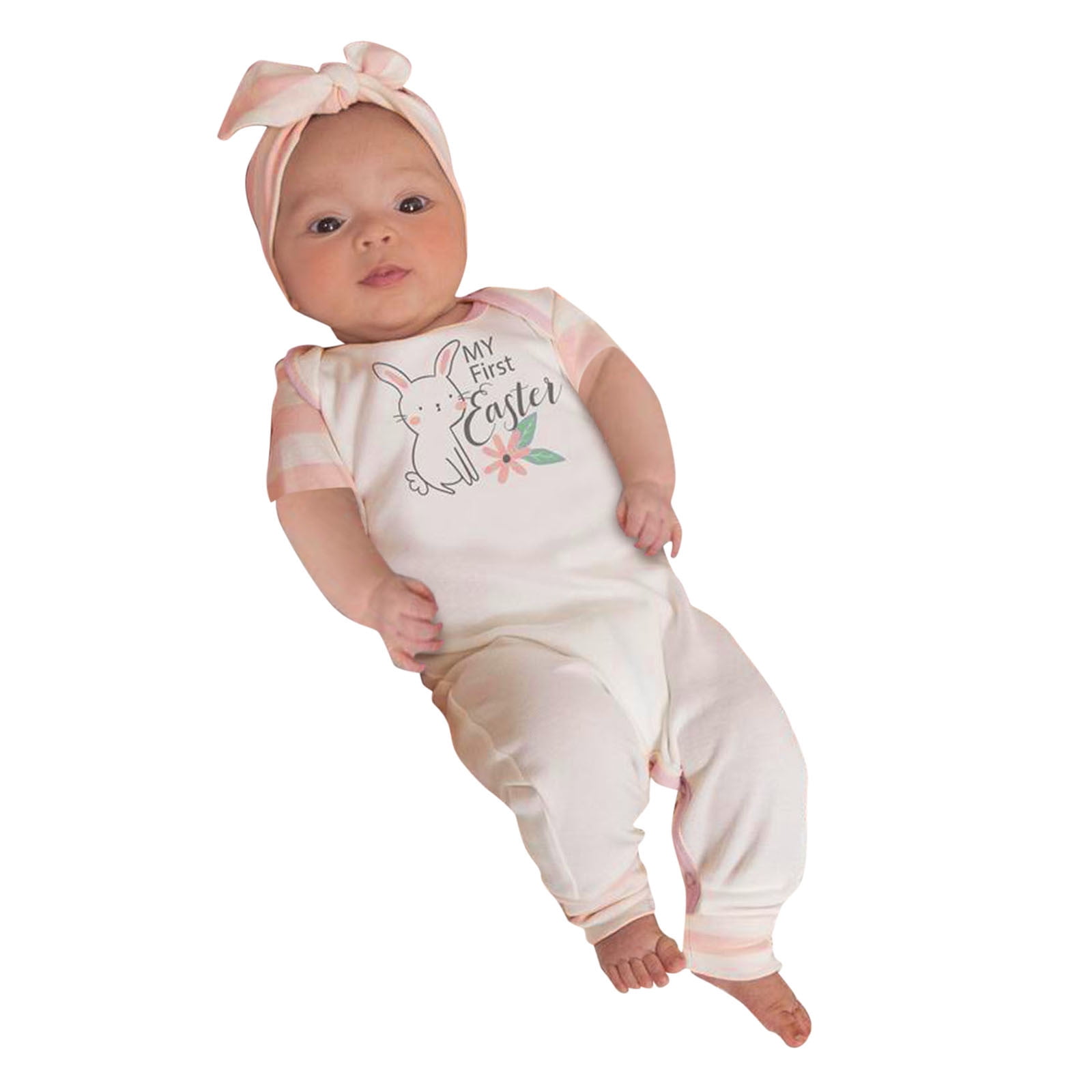 Newborn Baby Girls Boys Easter Outfits My First Easter Romper Bodysuit  Stripe Bunny Jumpsuit with Headband