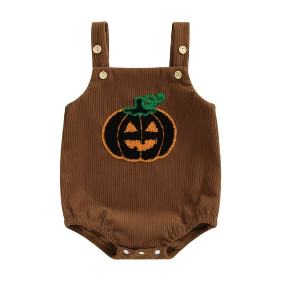 Newborn Baby Girls Boys Halloween Outfits Sleeveless Corduroy Pumpkin Face Overalls Rompers Button Jumpsuit Fall Clothes
