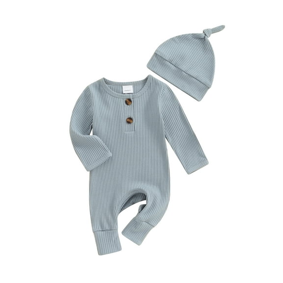 Newborn Baby Girls Boys Romper Bodysuit Long Sleeve Solid Ribbed Jumpsuit Hat Set Coming Home Outfits Neutral Clothes