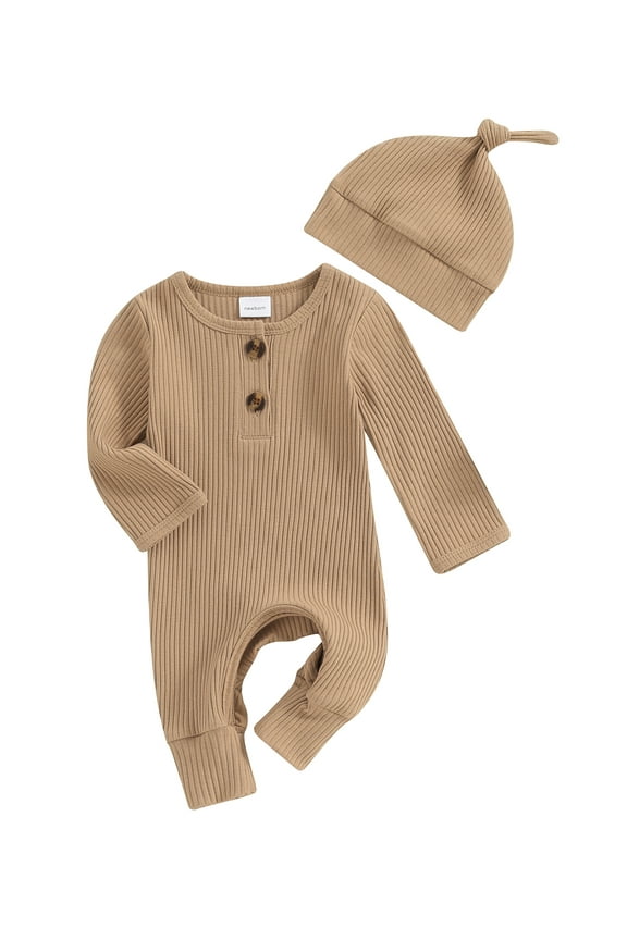 Newborn Baby Girls Boys Romper Bodysuit Long Sleeve Solid Ribbed Jumpsuit Hat Set Coming Home Outfits Neutral Clothes