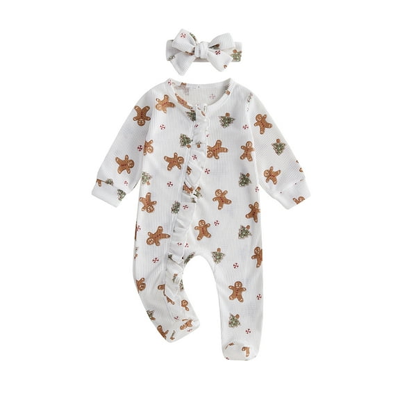 Newborn Baby Girls Christmas Print Footie Romper Waffle Long Sleeve Ruffle Jumpsuit Headband Set Fall Winter Clothes