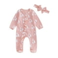 thumbnail image 1 of Newborn Baby Girls Christmas Print Footie Romper Waffle Long Sleeve Ruffle Jumpsuit Headband Set Fall Winter Clothes, 1 of 8