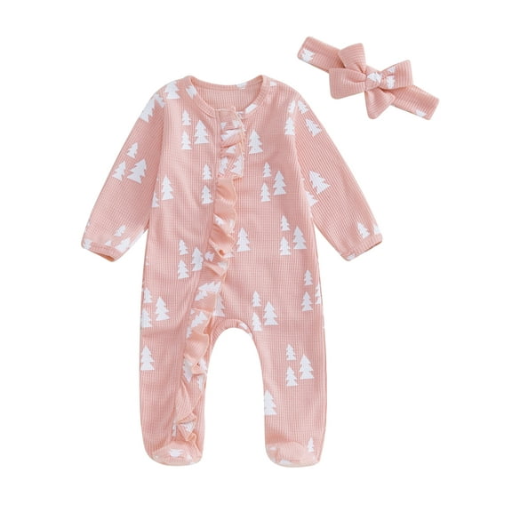 Newborn Baby Girls Christmas Print Footie Romper Waffle Long Sleeve Ruffle Jumpsuit Headband Set Fall Winter Clothes
