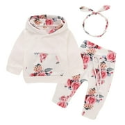 Newborn Baby Girls Clothes 3 Months Girls 3PCS Fall Winter Outfits Flower Print Infant Girls Long Sleeve Hoodie Top Pants Headband Set White