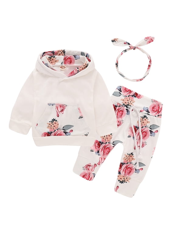 Newborn Baby Girls Clothes 3 Months Girls 3PCS Fall Winter Outfits Flower Print Infant Girls Long Sleeve Hoodie Top Pants Headband Set White