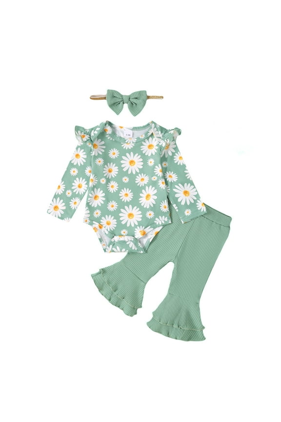 Newborn Baby Girls Clothes 3 Months Girls 3PCS Fall Winter Outfits Set Daisy Print Newborn Girls Long Sleeve Top Pants Set with Headband Green
