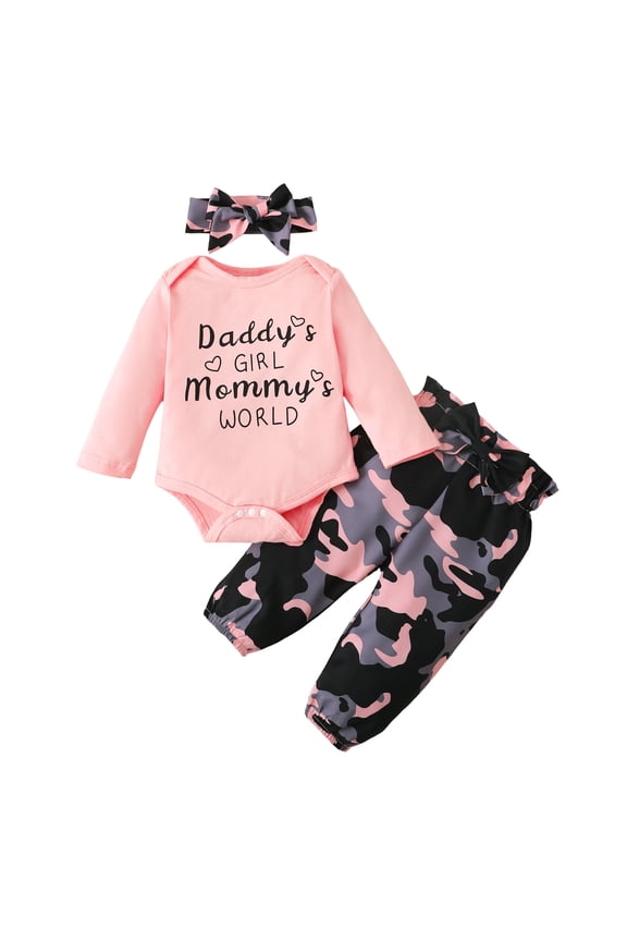 Newborn Baby Girls Clothes 3 Months Girls 3PCS Fall Winter Outfits Set Letter Print Newborn Girls Long Sleeve Top Camo Pants Set with Headband Pink