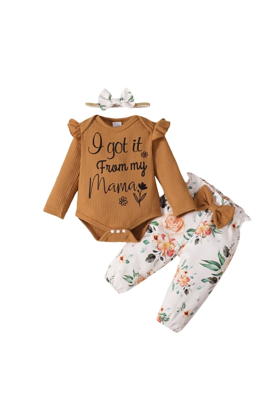 Newborn Baby Girls Clothes 3 Months Girls 3PCS Fall Winter Outfits Set Letter Print Newborn Girls Long Sleeve Top Pants Set with Headband Brown