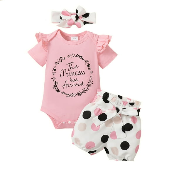 Newborn Baby Girls Clothes 3 Months Girls 3PCS Summer Outfits Set Letter Print Newborn Girls Short Sleeve Top Shorts Headband Set Pink