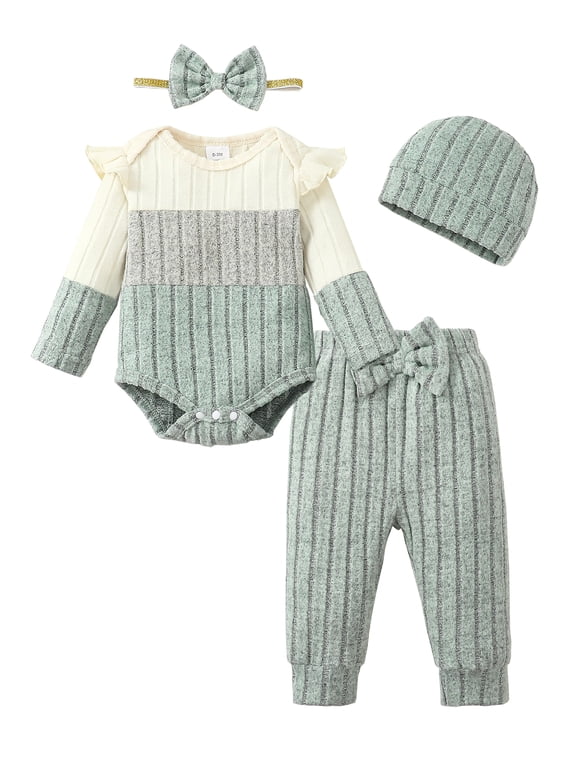 Newborn Baby Girls Clothes 3 Months Girls 4PCS Fall Winter Outfits Set Newborn Girls Long Sleeve Color-blocked Top Pants Set with Headband Hat Green