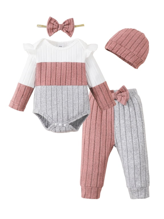 Newborn Baby Girls Clothes 3 Months Girls 4PCS Fall Winter Outfits Set Newborn Girls Long Sleeve Color-blocked Top Pants Set with Headband Hat Pink