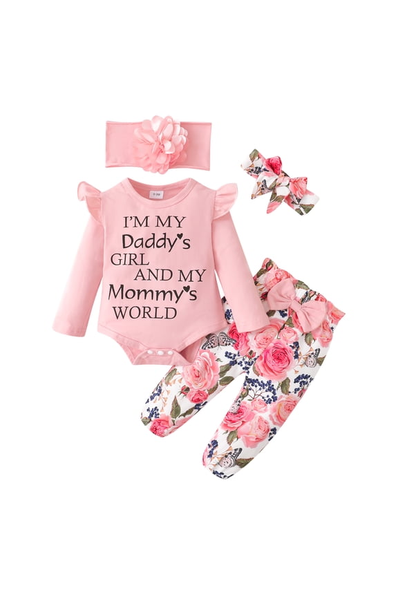 Newborn Baby Girls Clothes 3 Months Girls 4PCS Outfits Set Letter Print Newborn Girls Long Sleeve Top Pants Set with Headband Pink